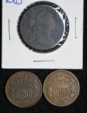 1803 Draped Bust large cent. Also (2) 1864 two cent (3 pcs).