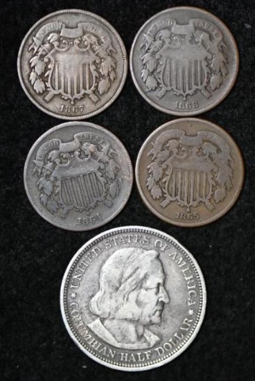 1864, 1865, 1687 & 1868 two cents. Also 1893 Columbian Classic Commemorative half dollar (5 pcs).