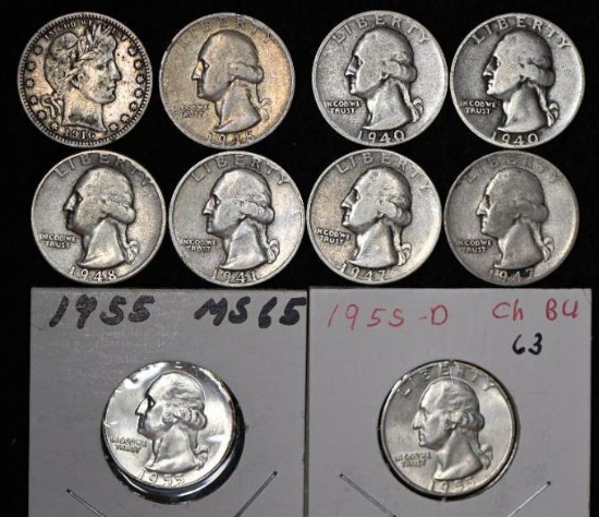 1916D Silver Barber quarter. 1940DS, 1941S, 1947DS, 1948DS & 1955PD Silver Washington quarters (10