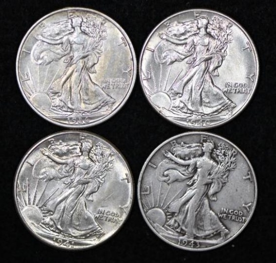 1936, 1940, 1941 & 1943 Silver Walking Liberty half dollar (4 pcs).