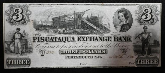 New Hampshire Obsolete Notes: 1862 Piscataqua Exchange Bank, Portsmouth, $3.00, dated & numbered but