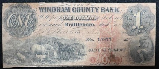 Vermont Obsolete Notes: 1861 Windham County Bank, Brattleboro, $1.00.