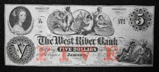 Vermont Obsolete Notes: 1860's West River Bank, Jamaica, $5.00, unissued remainder.