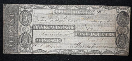 Vermont Obsolete Notes: 1836 Bank of Windsor, $5.00.