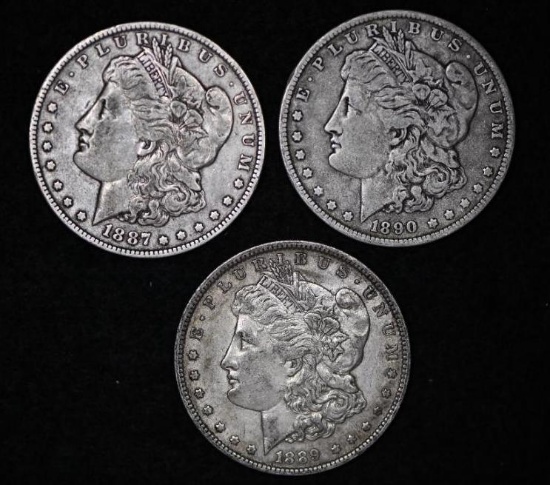 1887O, 1889O, 1890O Silver Morgan Dollars (3 pcs).