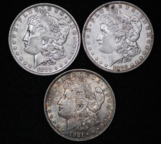 1883, 1883O & 1921 Silver Morgan Dollars (3 pcs).