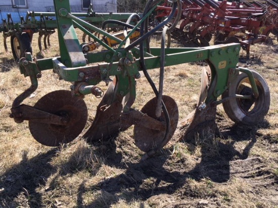 John Deere F35 3-pt. 2-bottom plow w/rubber tire furrow wheel.