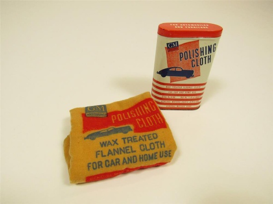 Late 1940s-early 1950s GM Polishing cloth tin with period automobile graphic.