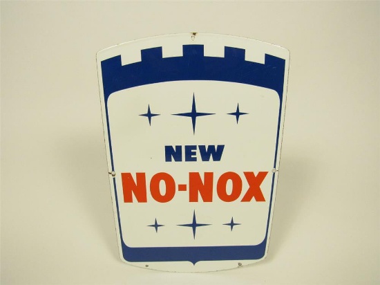 Clean 1960s Gulf Oil New No-Nox single-sided porcelain pump plate sign.