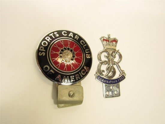 Lot consisting of a late 1950s SCCA enamel car badge and a 1953 Queen Elizabeth II Royal Coronation 