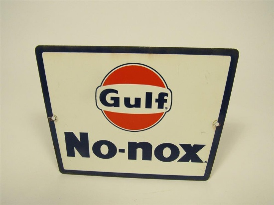 Sharp NOS late 1950s-early 1960s Gulf Oil Gulf No-Nox Gasoline porcelain sign.