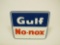 Early 1960s Gulf Oil No-Nox Gasoline single-sided porcelain pump plate sign.