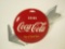 Striking 1950s Coca-Cola 12 tin button sign with arrow.