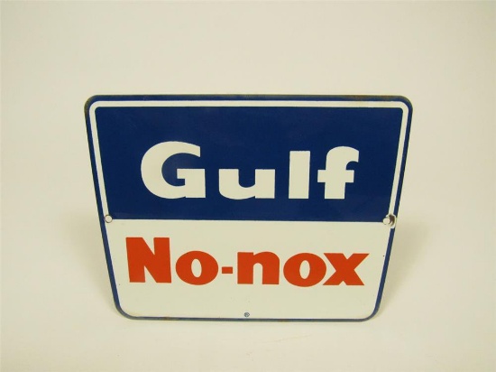 Early 1960s Gulf Oil No-Nox Gasoline single-sided porcelain pump plate sign.