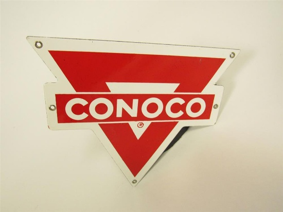 Sharp NOS 1950s Conoco Oil single-sided die-cut porcelain pump plate sign.