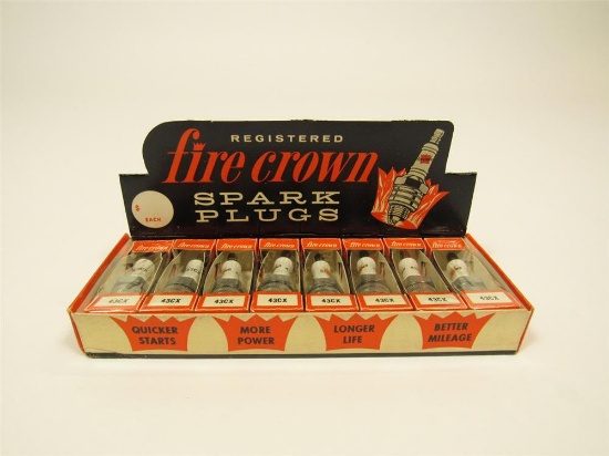 Choice NOS 1960s Fire Crown Spark Plugs countertop display still full of NOS plugs.