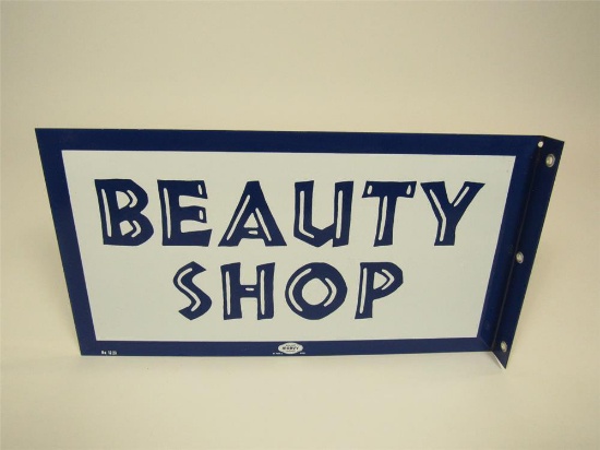 NOS early 1960s Beauty Shop porcelain flange sign. Found in the original shipping crate.