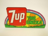 NOS 1971 7-up The Uncola single-sided die-cut tin sign with Peter Max style artwork.