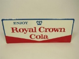 NOS early 1960s Enjoy Royal Crown Cola single-sided self-framed embossed tin sign.
