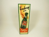 Striking NOS 1949 Fresh Up with 7-up vertical tin sign with hand/bottle graphics.