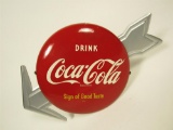 Striking 1950s Coca-Cola 12 tin button sign with arrow.