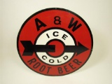 Extremely uncommon late 1940s A&W Root Beer single-sided die-cut tin sign with arrow logo.