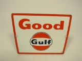 Late 1950s-early 60s Gulf Oil Good Gulf Gasoline single-sided porcelain sign.