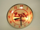 Impressive early 1950s Exide Batteries glass-faced light-up service station clock by Pam Clock Compa