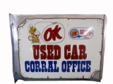 Very nice circa late 1960s Chevrolet OK Used Car Corral Office double-sided tin flange sign.