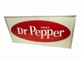 Incredible large NOS 1960s Dr. Pepper Soda self-framed tin diner sign.