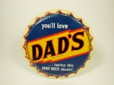 Killer NOS 1950s Dads Root Beer tastes like Root Beer should single-side die-cut tin sign.