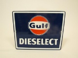 NOS late 1950s Gulf Dieselect single-sided porcelain pump plate sign with Gulf Oil logo.