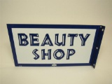 NOS early 1960s Beauty Shop porcelain flange sign. Found in the original shipping crate.