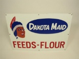Uncommon circa 1940s-50s Dakota Maid Feeds-Flour single-sided porcelain general store sign.