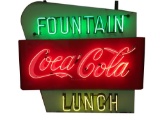 Exceptional circa 1950s Coca-Cola Fountain-Lunch double-sided neon porcelain diner sign.