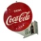 Phenomenal 1950s Drink Coca-cola single-sided tin flange sign with bottle graphic.