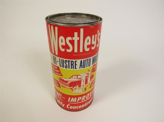 NOS late 1950s Westleys Hi-Lustre Car Wash large paper tin with period vehicle graphics.