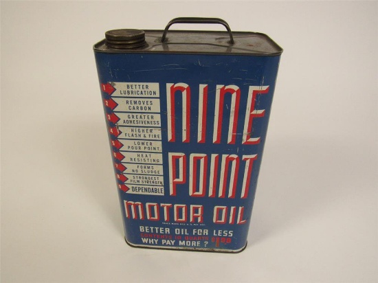 Unusual 1930s-40s Nine Point Motor Oil 2.5-gallon tin with original cap.