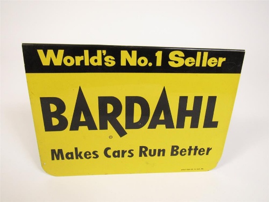 NOS early 1960s Bardahl Makes Cars Run Better single-sided tin automotive garage sign.