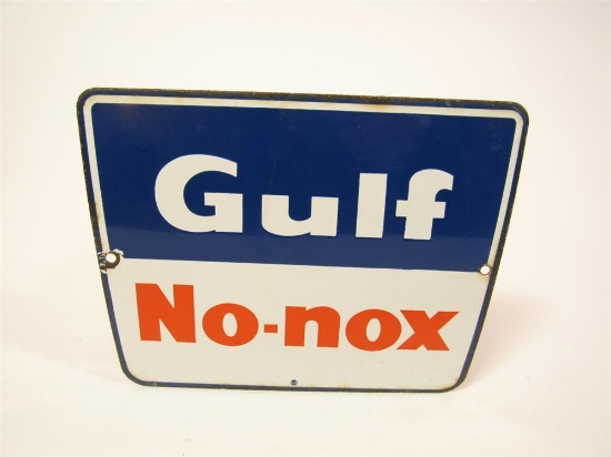 Early 1960s Gulf Oil No-Nox Gasoline single-sided porcelain pump plate sign.