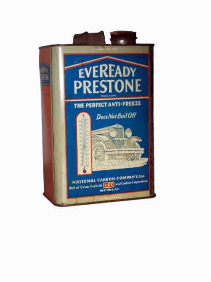Sharp 1919 Eveready Prestone Anti-Freeze one-gallon tin with period automobile graphic.