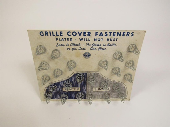 NOS 1920s Imco Grille Cover Fasteners automotive garage countertop display with built-in easel back.