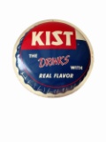 Terrific NOS Kist Soda Beverages single-sided die-cut tin bottle-cap-shaped sign.