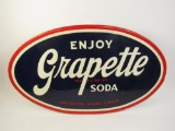 Hard-to-find 1950s Enjoy Grapette Soda Imitation Grape Flavor single-sided embossed tin die-cut sign