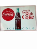 Very clean NOS late 1950s Drink Coca-Cola Things go better with Coke Ice Cold single-sided tin sign.