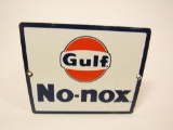 Late 1950s-early 60s Gulf Oil No-Nox Gasoline single-sided porcelain pump plate with Gulf Oil logo.