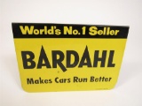 NOS early 1960s Bardahl Makes Cars Run Better single-sided tin automotive garage sign.