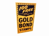 Choice NOS late 1950s Gold Bond Stamps tin with wood-framed back service station sign.