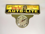 1940s Auto-Lite Sta-Ful Batteries restored service station garage clock with lit advertising panel.