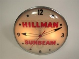 Very scarce 1957 Hillman Sunbeam glass-faced light-up auto dealership clock.